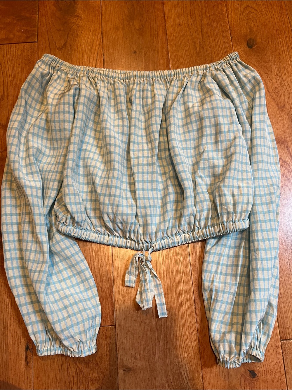 Aritzia NWOT Wilfred Light Blue and White Gingham Off-Shoulder Crop Blouse